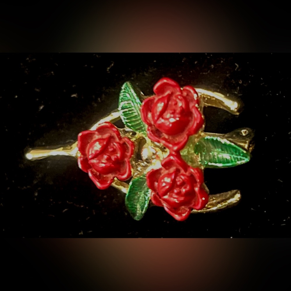 Vintage Signed Gerry’s Gold Tone and Red Rose Wishbone Brooch